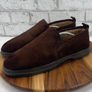Minnetonka 4165 Mens 13 M Brown Leather Faux Fur Lined Slip on Loafer Slippers